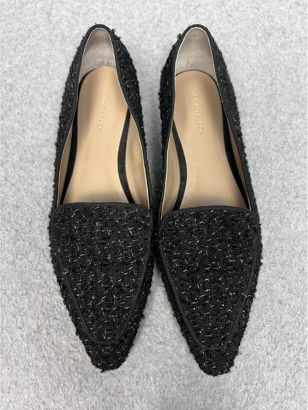 Ann Taylor Black Tweed Nip Toe Flats Pointed Loafers Silver Sparkle Chic Size 6M - Picture 3 of 6